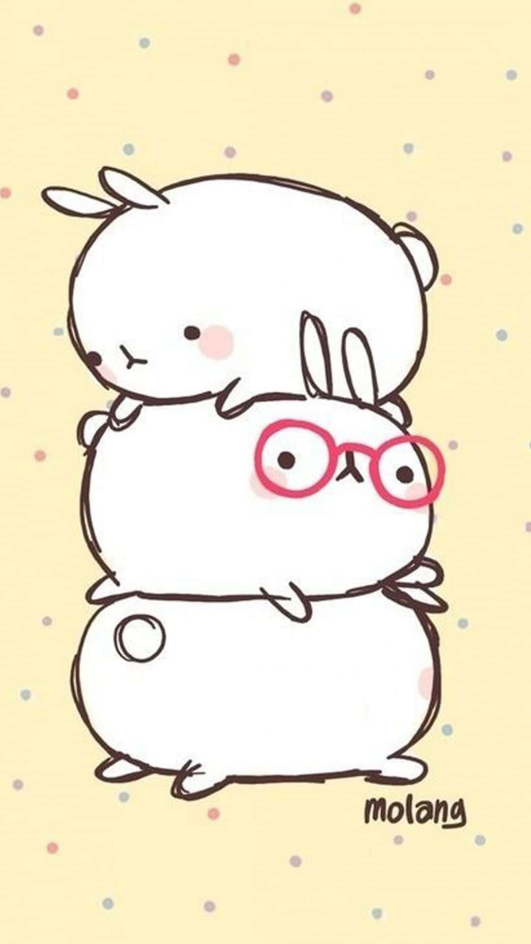 Kawaii Cartoon 桌布 壁紙 — 兩隻可愛的胖兔子，其中一隻戴著紅色眼鏡，在粉彩圓點背景前溫暖地擁抱。