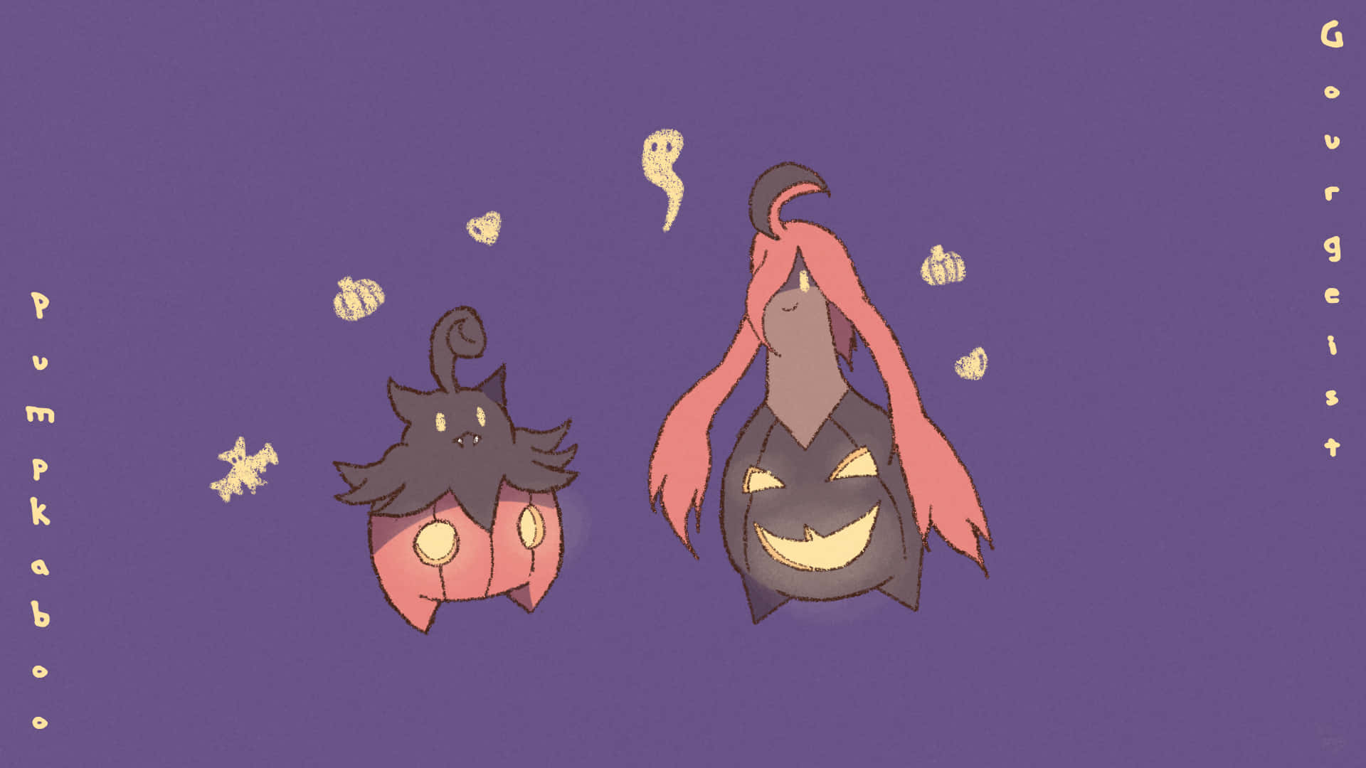 寶可夢 桌布 壁紙 — 兩隻可愛的萬聖節寶可夢 Pumpkaboo 和 Gourgeist 在深紫色背景上漂浮，周圍有漂浮的南瓜和幽靈。