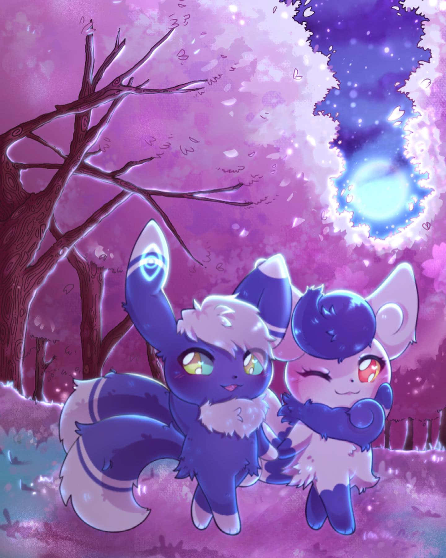 espurr 桌布 壁紙 — 兩隻可愛的藍白色狐狸狀生物在暮色中依偎在發光的紫色櫻花樹下。