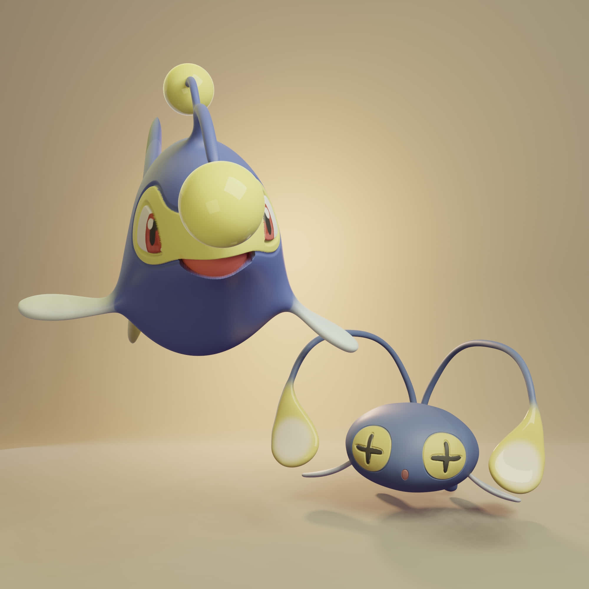 Pokemon Aesthetic 桌布 壁紙 — 兩隻可愛的藍色和黃色寶可夢在柔和的米色工作室背景前頑皮地漂浮。