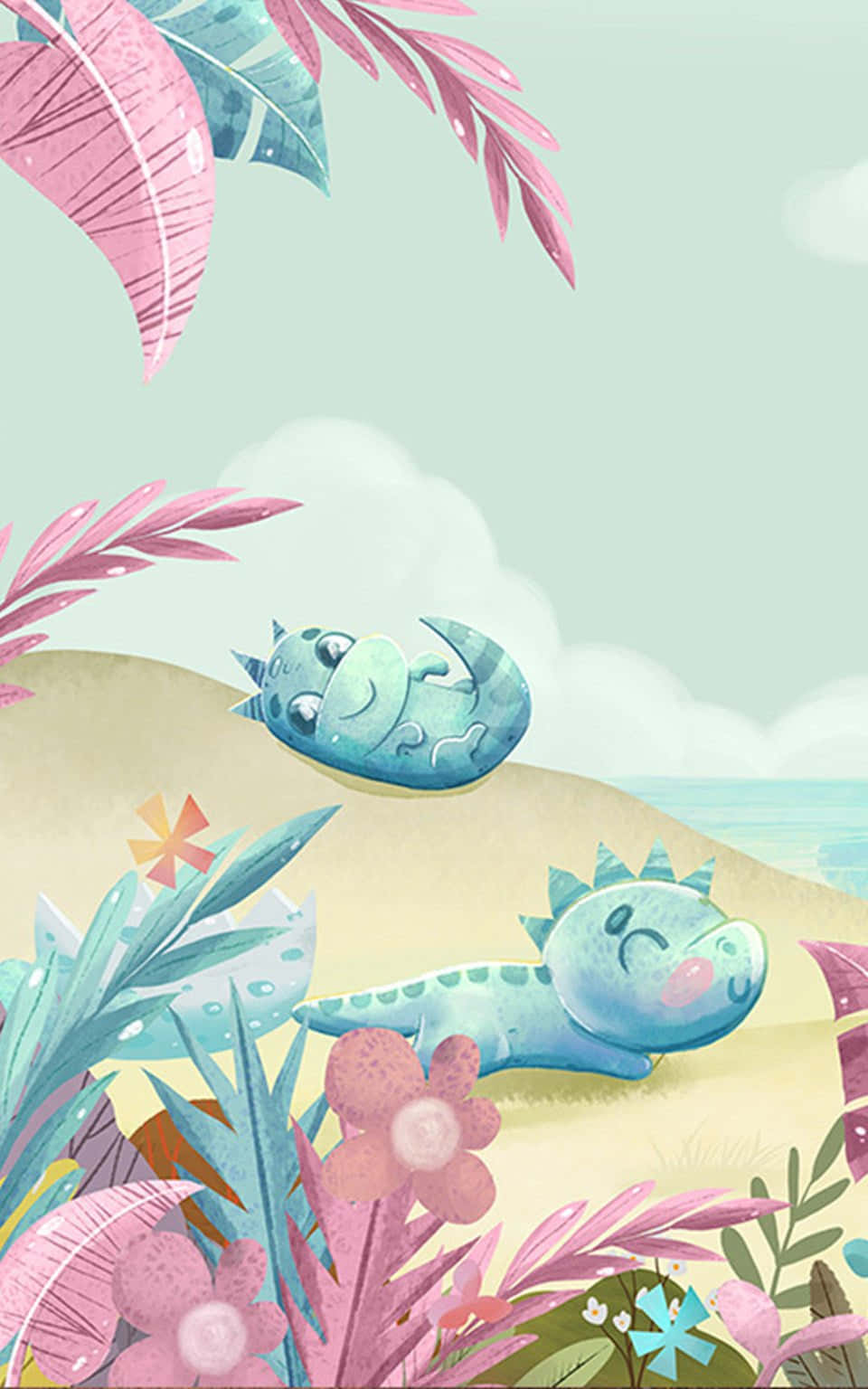 Cute Dinosaur 桌布 壁紙 — 兩隻可愛的藍色小恐龍在沙灘上平靜地睡覺，周圍是粉紅色和藍綠色的熱帶植物，天空柔和。