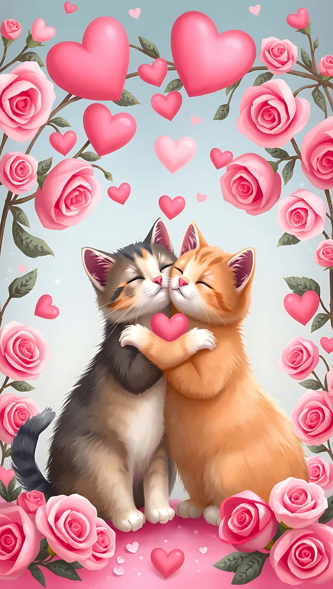 Sweet Hug: Cats in Love. smartphone wallpaper 壁紙 — 兩隻可愛的貓咪擁抱著一個粉紅色愛心，周圍是盛開的粉紅色玫瑰和漂浮的愛心。