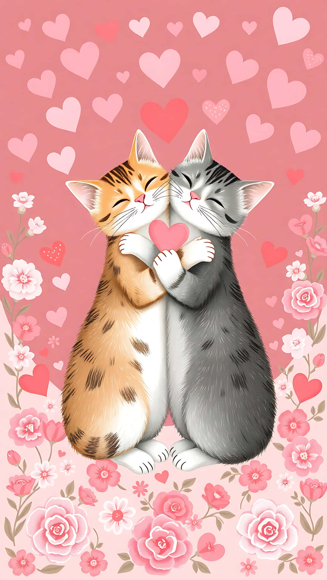 Valentine’s Hug with Cats and Hearts smartphone wallpaper 壁紙 — 兩隻可愛的貓咪擁抱著一個粉紅色的心，周圍環繞著花朵和漂浮的心，背景為粉紅色。