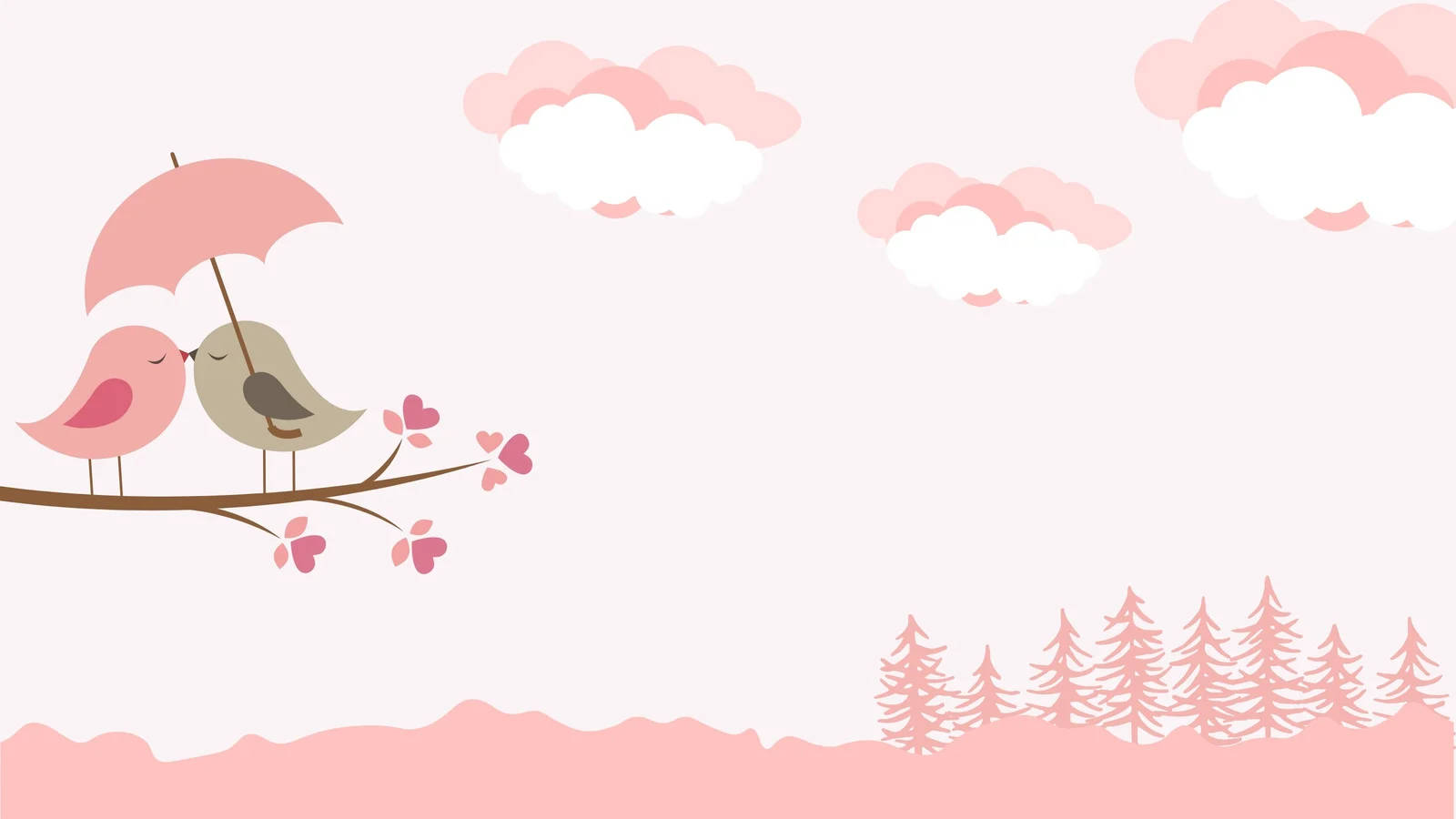 birds 桌布 壁紙 — 兩隻可愛的鳥兒在開花的樹枝上，在粉彩色雲朵下共享一把粉紅色雨傘。