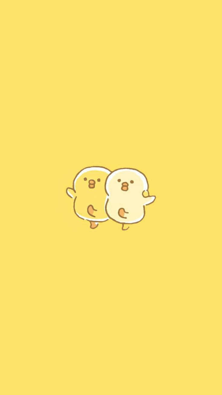 Yellow 桌布 壁紙 — 兩隻可愛的黃色小雞角色在純黃色背景上擁抱。