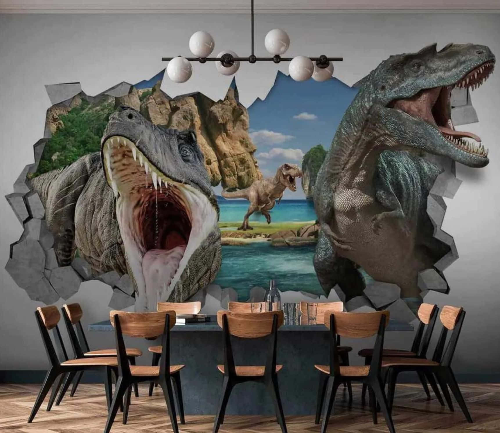 3d Dinosaur 桌布 壁紙 — 兩隻咆哮的暴龍衝破牆壁，露出懸崖和海洋的史前海灘場景。