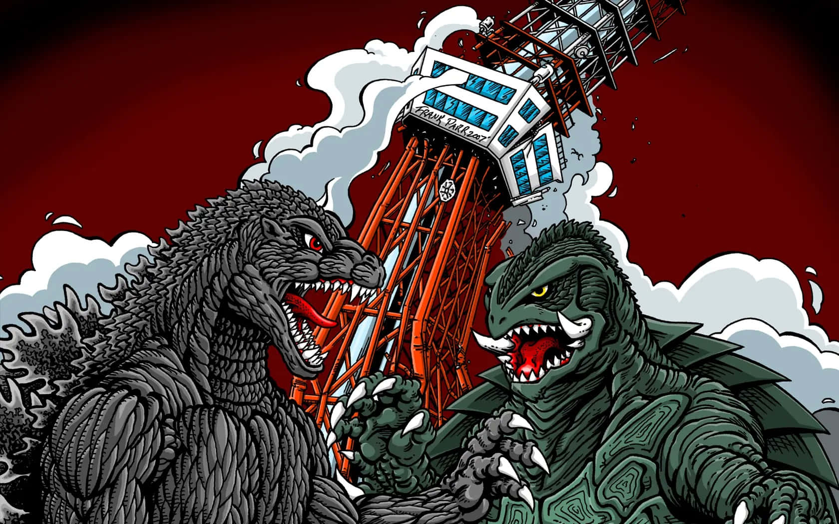 Godzilla Vs Gamera 桌布 壁紙 — 兩隻哥吉拉怪獸在煙霧中碰撞，背景是破損的東京鐵塔和紅色天空。