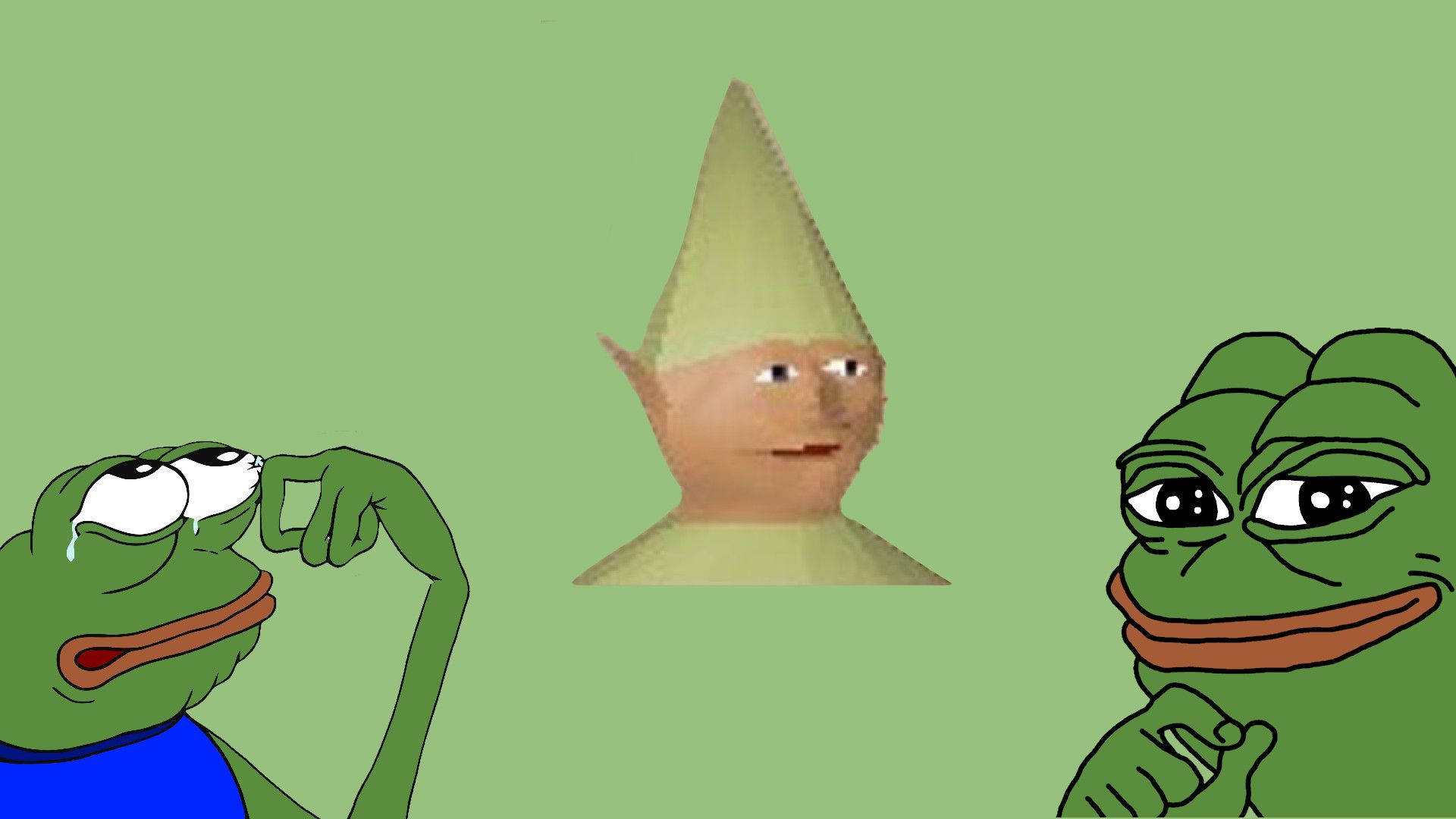 meme 桌布 壁紙 — 兩隻哭泣的Pepe青蛙夾著一個像素化精靈般的人物，背景為純綠色。