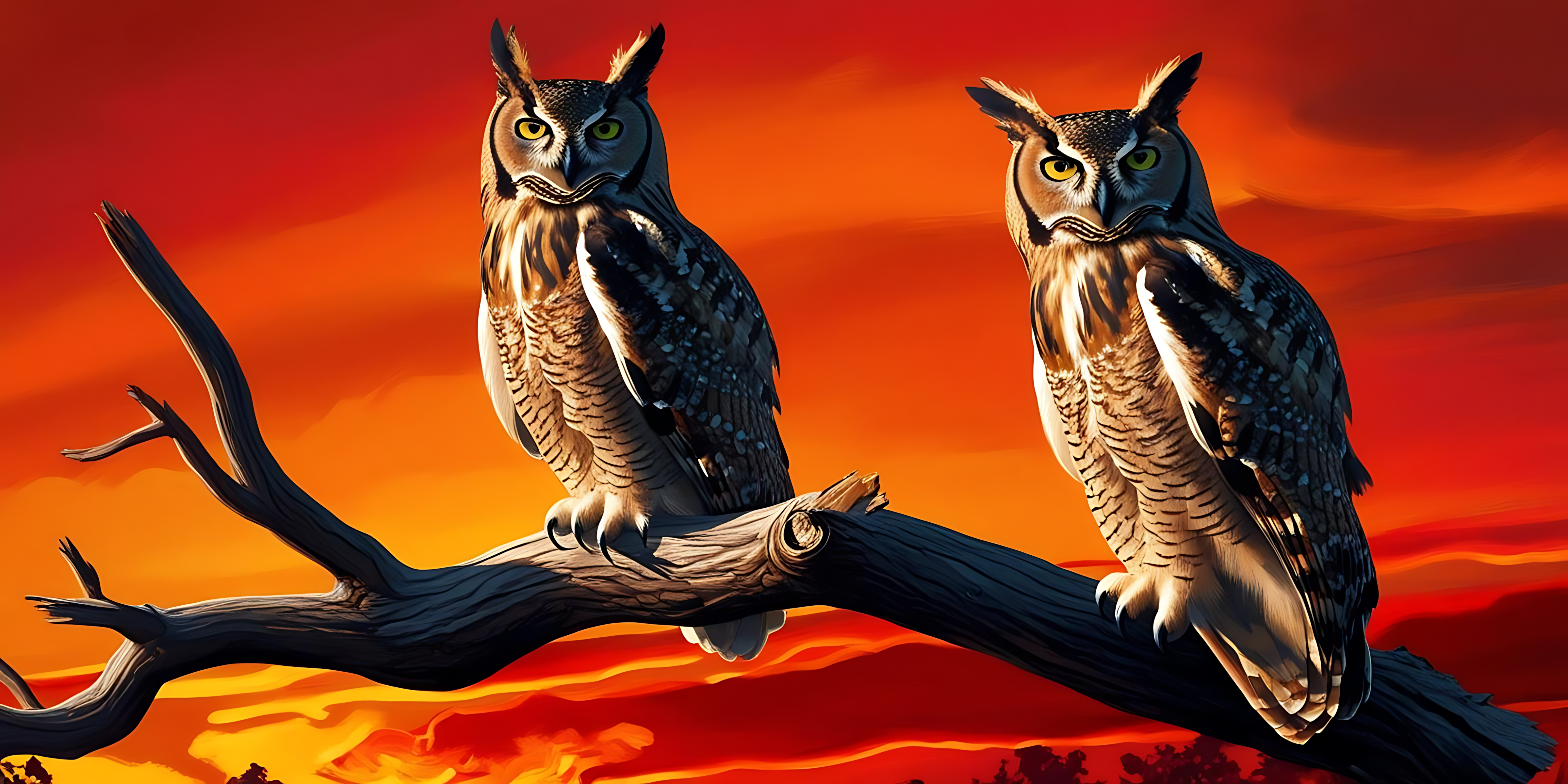 owls 桌布 壁紙 — 兩隻大角鴞警覺地棲息在一個多節的樹枝上，背景是火紅的橙色和紅色日落天空。