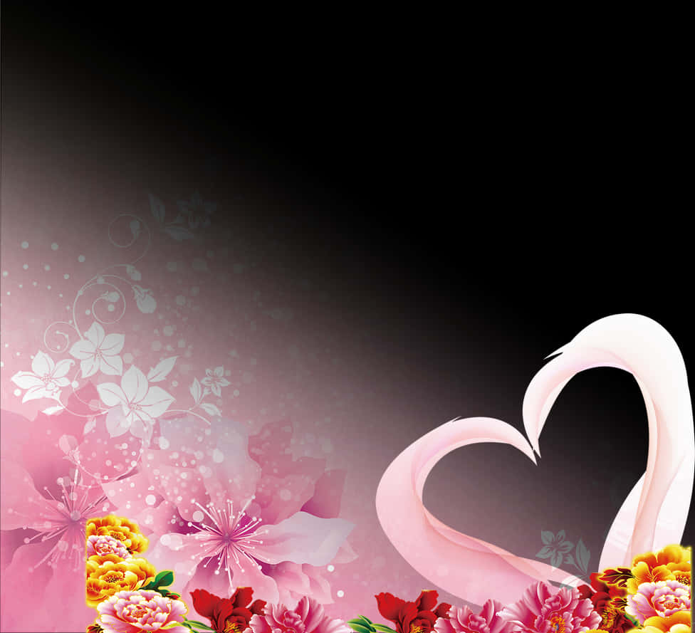 Flowers Aesthetic 桌布 壁紙 — 兩隻天鵝在粉紅色漸變背景上形成心形，背景飾有鮮豔的花朵和精緻的花卉漩渦。
