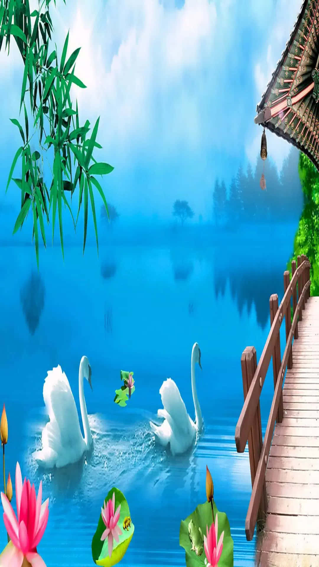 Lake 桌布 壁紙 — 兩隻天鵝在陰天下，於木橋和傳統亭閣旁邊的迷霧藍色湖中滑行。