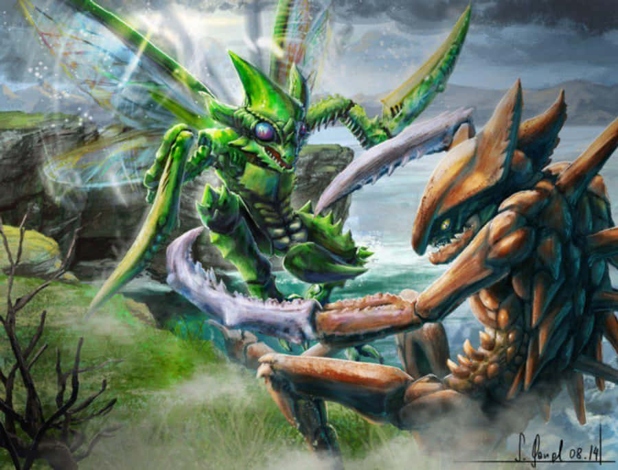 Scyther 桌布 壁紙 — 兩隻奇幻的昆蟲類生物在暴風雨的天空下，於霧氣瀰漫的岩石地形中展開一場戲劇性的戰鬥。