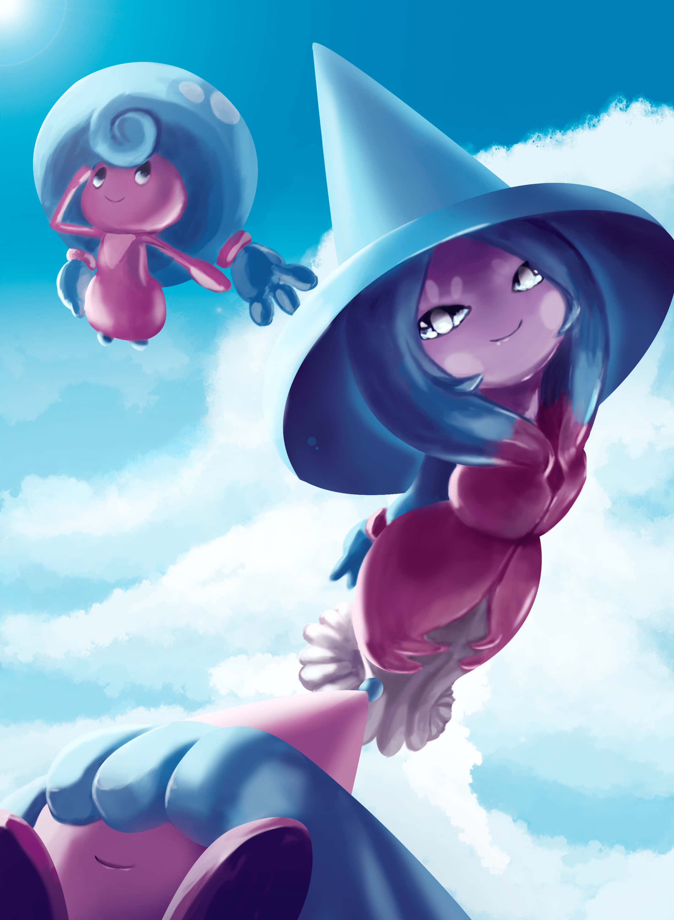 Pokémon 手機 桌布 壁紙 — 兩隻奇幻的紫色女巫般寶可夢在明亮的藍天和蓬鬆的白雲中快樂地漂浮。