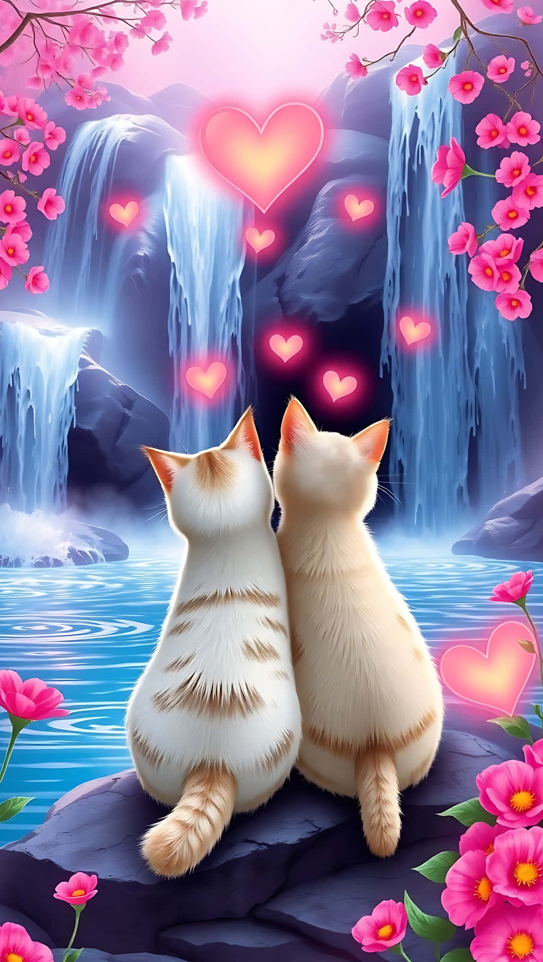 Cats in Love by a Valentine’s Stream, smartphone wallpaper 壁紙 — 兩隻奶油色的貓背對背坐在岩石上，凝視著漂浮在冰瀑布前、被粉紅櫻花環繞的發光粉紅心形。