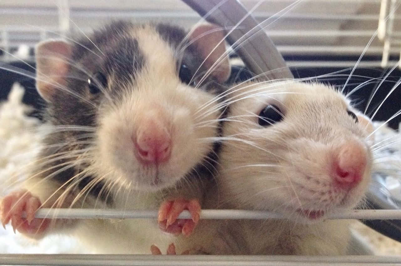 Rat 桌布 壁紙 — 兩隻好奇的寵物老鼠，長長的鬍鬚穿過鐵絲籠的欄杆看著相機。