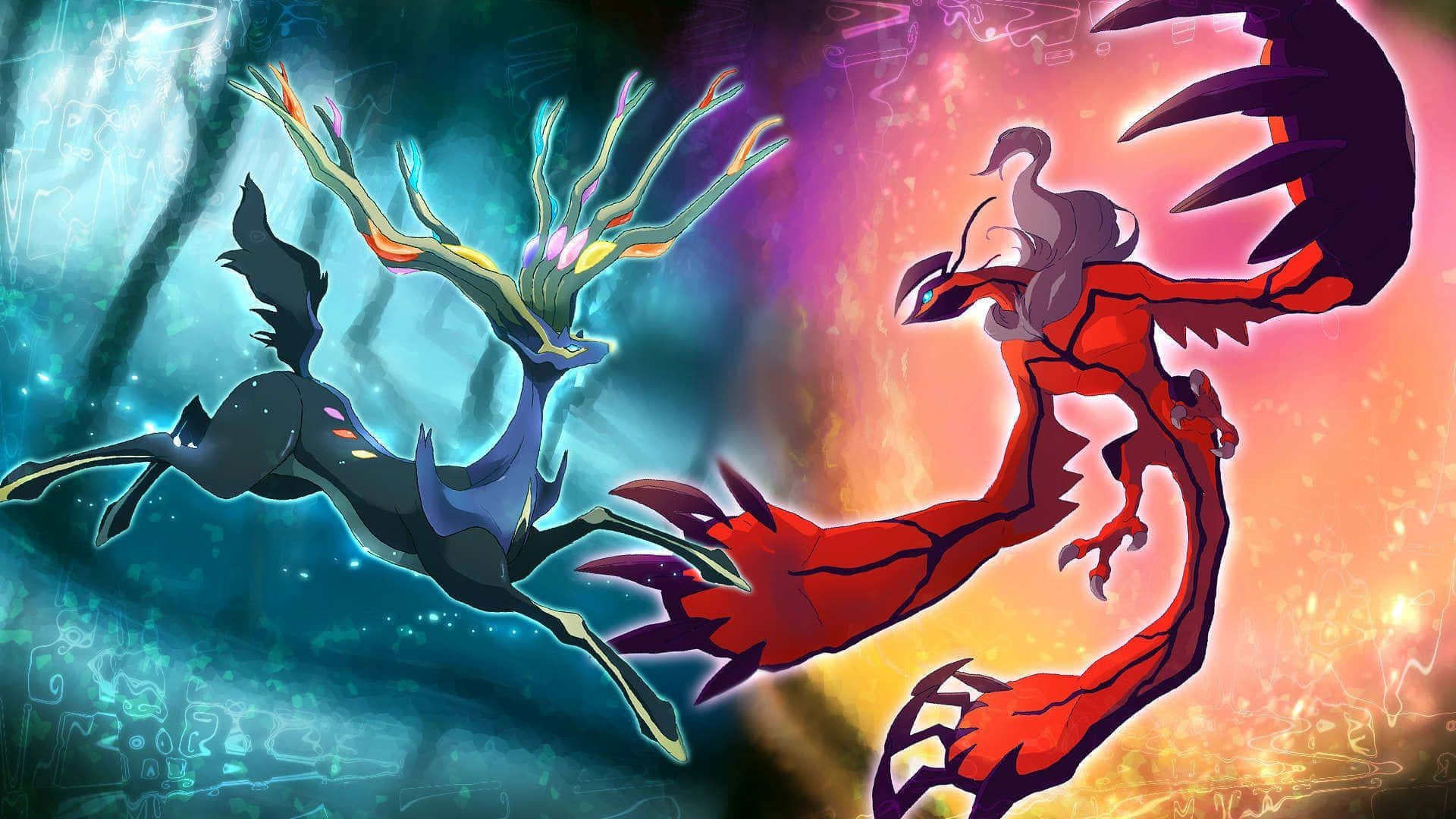 寶可夢 桌布 壁紙 — 兩隻威嚴的動漫風格神話生物在充滿活力的宇宙戰鬥中碰撞，伴隨著發光的能量和旋轉的粒子效果。