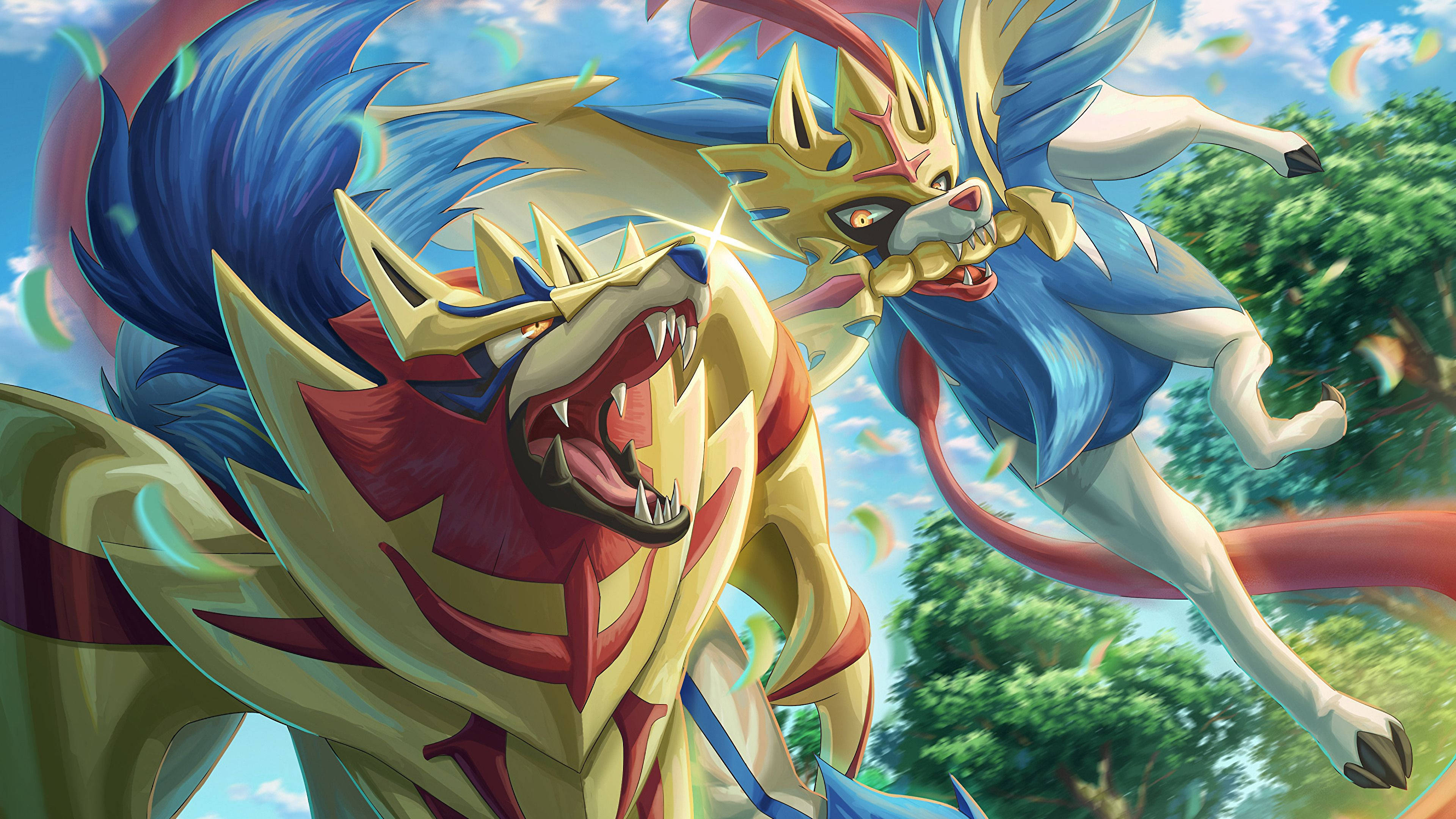 shield 桌布 壁紙 — 兩隻威風凜凜的動畫風格寶可夢在明亮的天空和茂密綠樹的背景下兇猛咆哮。