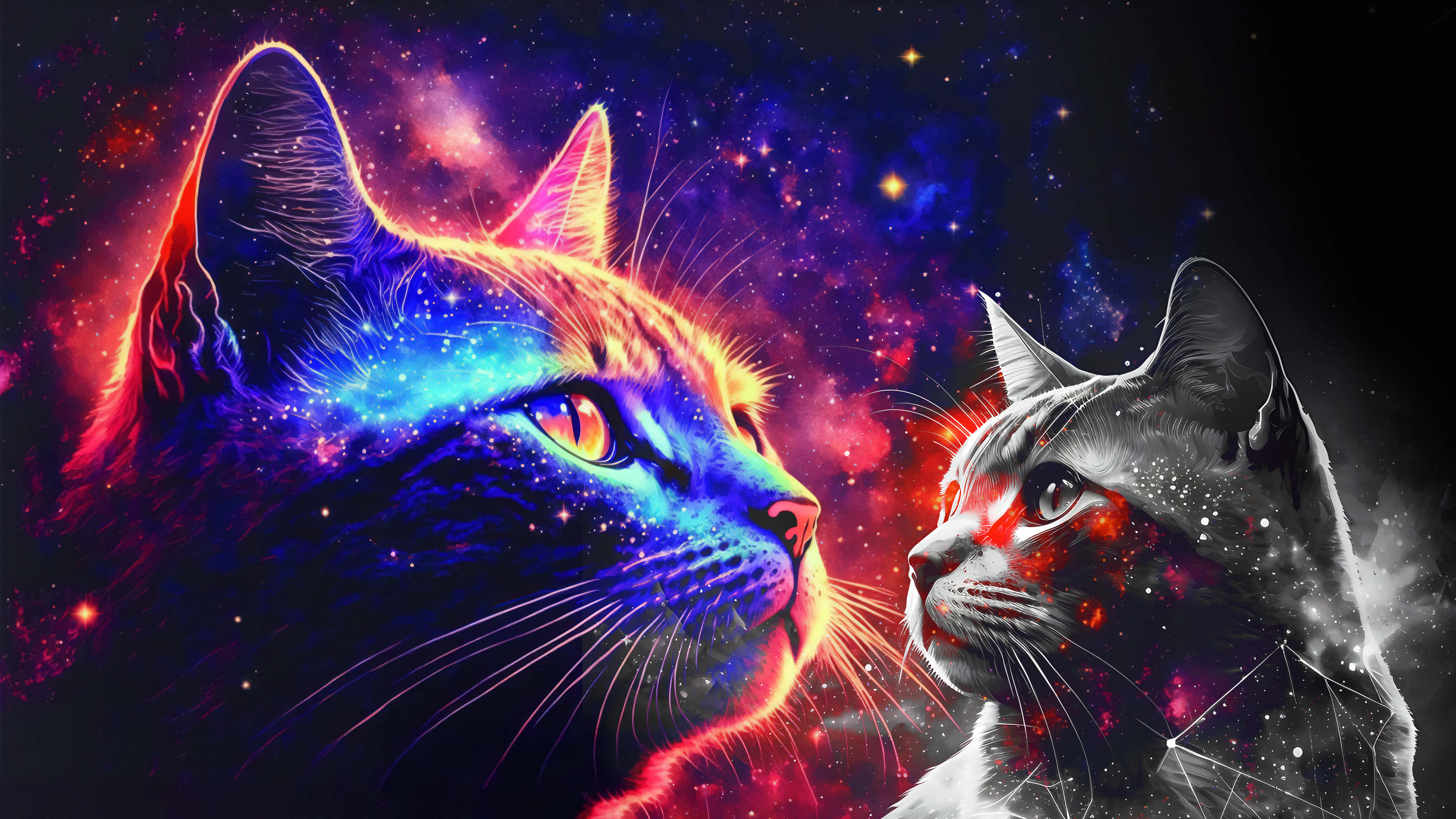 Cats 桌布 壁紙 — 兩隻宇宙貓在充滿星星和發光宇宙塵埃的鮮豔星雲中互相凝視。