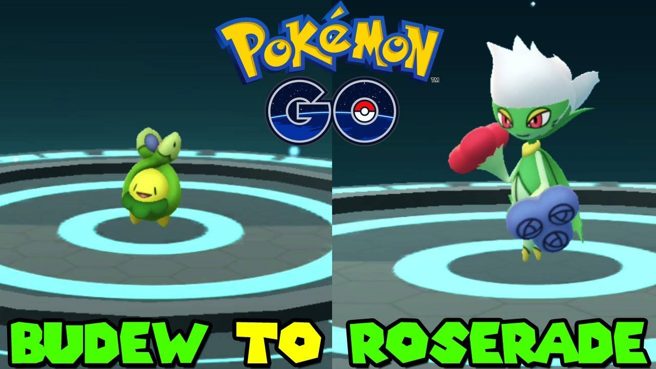 動漫 桌布 壁紙 — 兩隻寶可夢 Budew 和 Roserade 站在發光的圓圈中，下方是 Pokémon GO 標誌，並有文字顯示它們的進化。