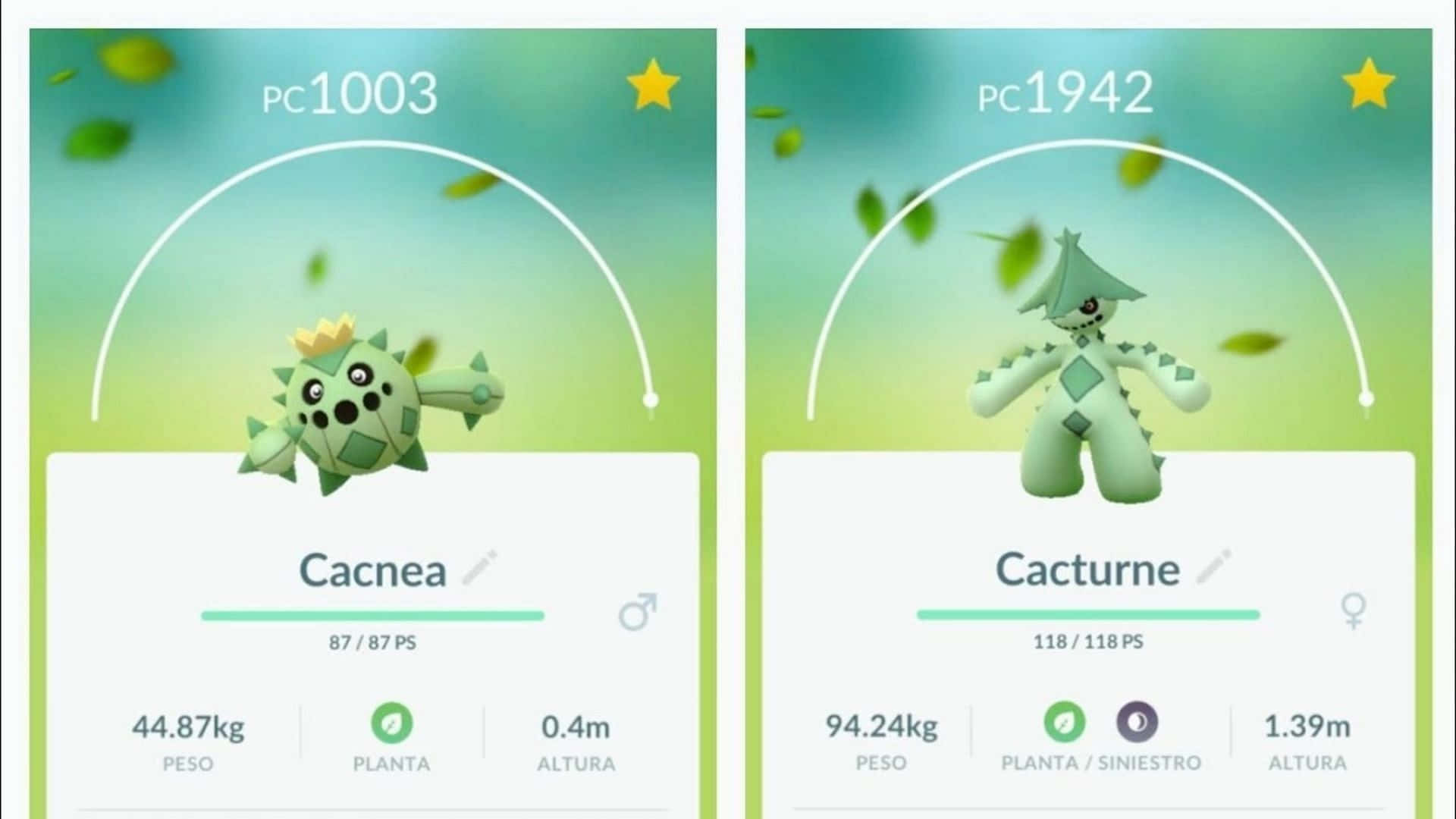 寶可夢 桌布 壁紙 — 兩隻寶可夢 Cacnea 和 Cacturne 以寶可夢圖鑑風格展示，附有統計數據和漂浮的葉子，背景為柔和的綠色漸變。