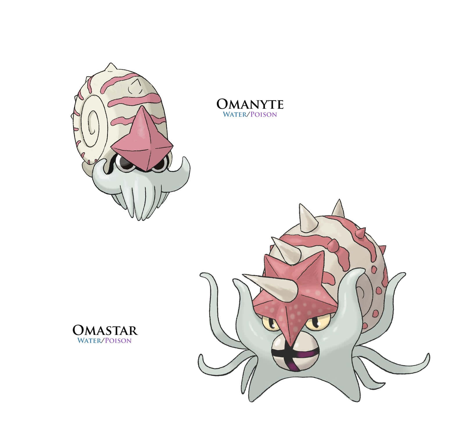 Fossil 桌布 壁紙 — 兩隻寶可夢 Omanyte 和 Omastar，擁有螺旋殼和粉紅色海星狀頂部，背景為純白色。