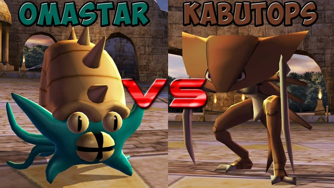 3D 桌布 壁紙 — 兩隻寶可夢 OmaSTAR 和 KabutoPS 在石頭競技場中對決，中間有一個大膽的紅色 VS 圖形。