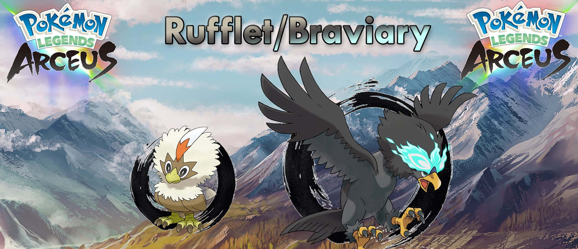 寶可夢 桌布 壁紙 — 兩隻寶可夢 Rufflet 和 Braviary 在壯麗的山景背景下翱翔，呈現出充滿活力的遊戲宣傳藝術風格。
