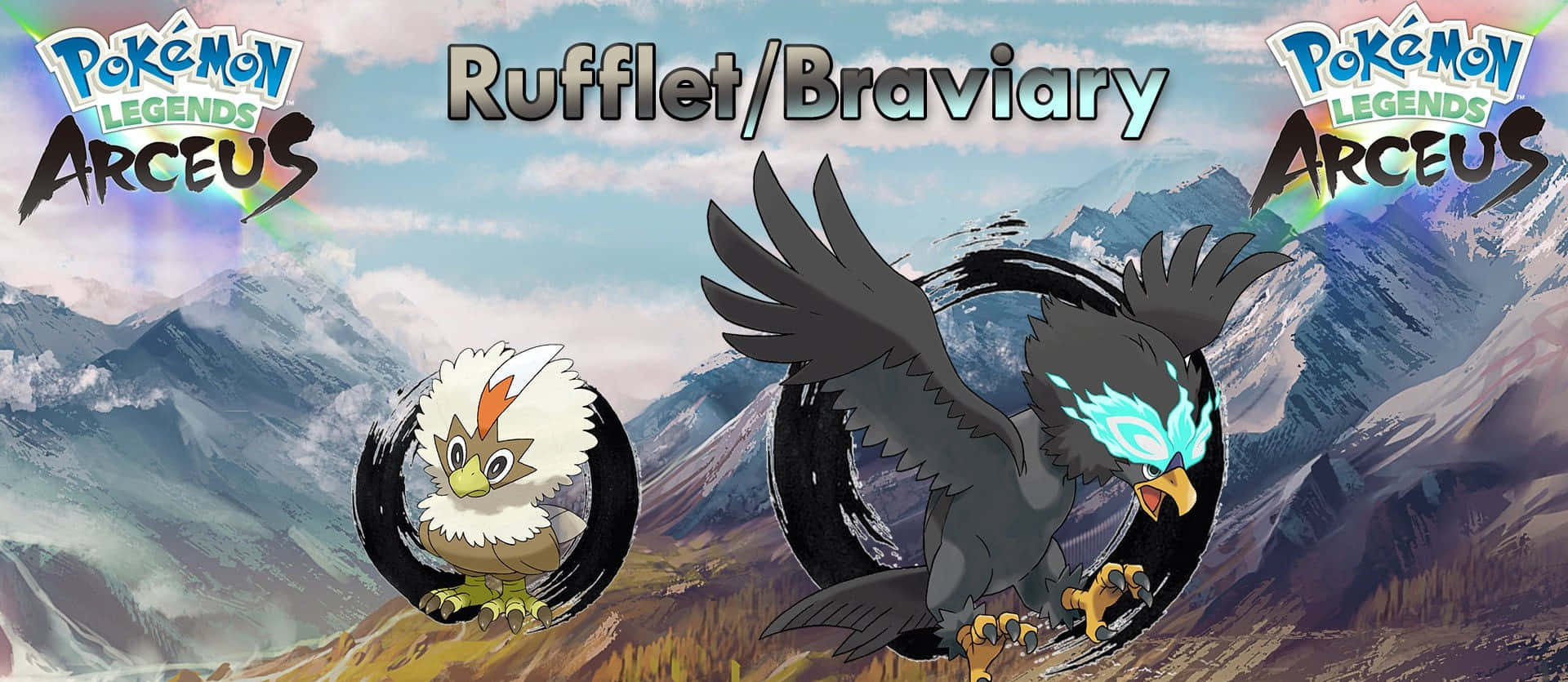 Mountain Landscape 桌布 壁紙 — 兩隻寶可夢 Rufflet 和 Braviary 在明亮的天空下，翱翔於雄偉的山脈背景前。