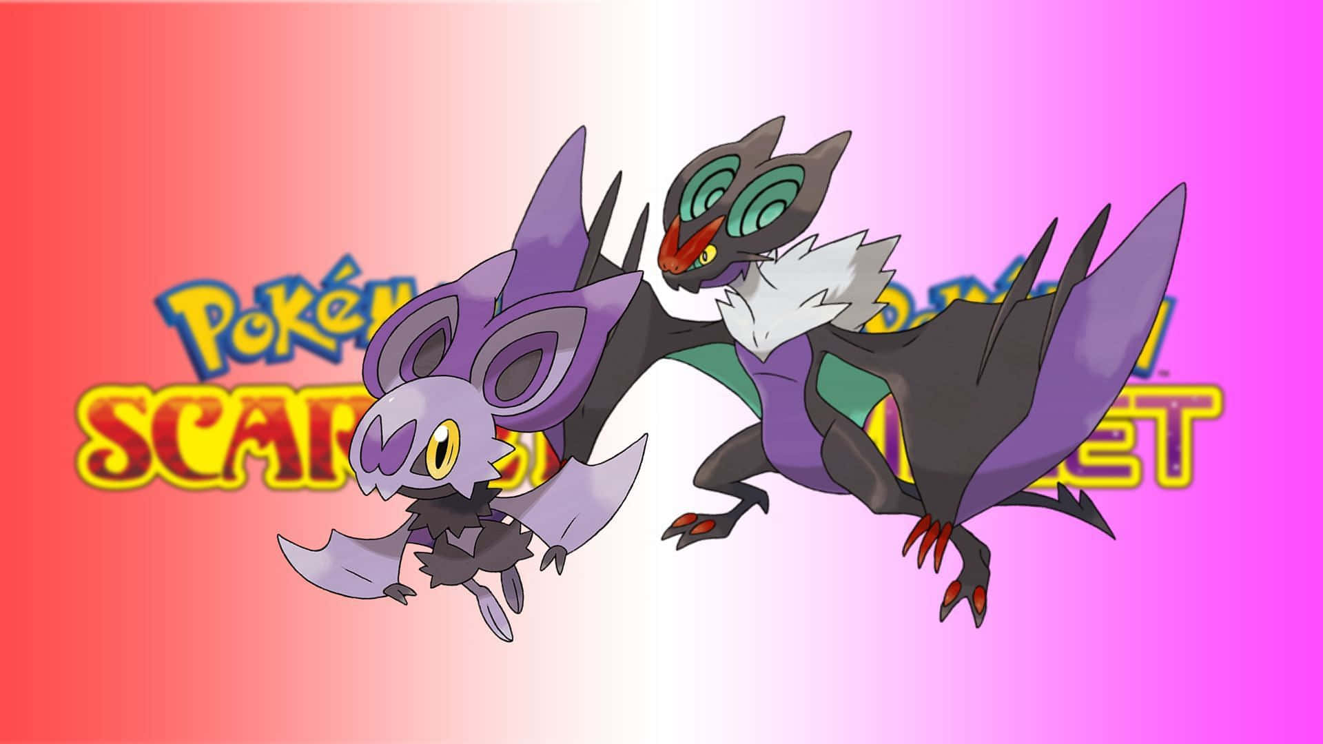 寶可夢 桌布 壁紙 — 兩隻寶可夢 Scrafty 和 Scyther 在充滿活力的粉紅色和紅色漸變背景上動態飛行，帶有 Pokémon Scrafty 標誌。