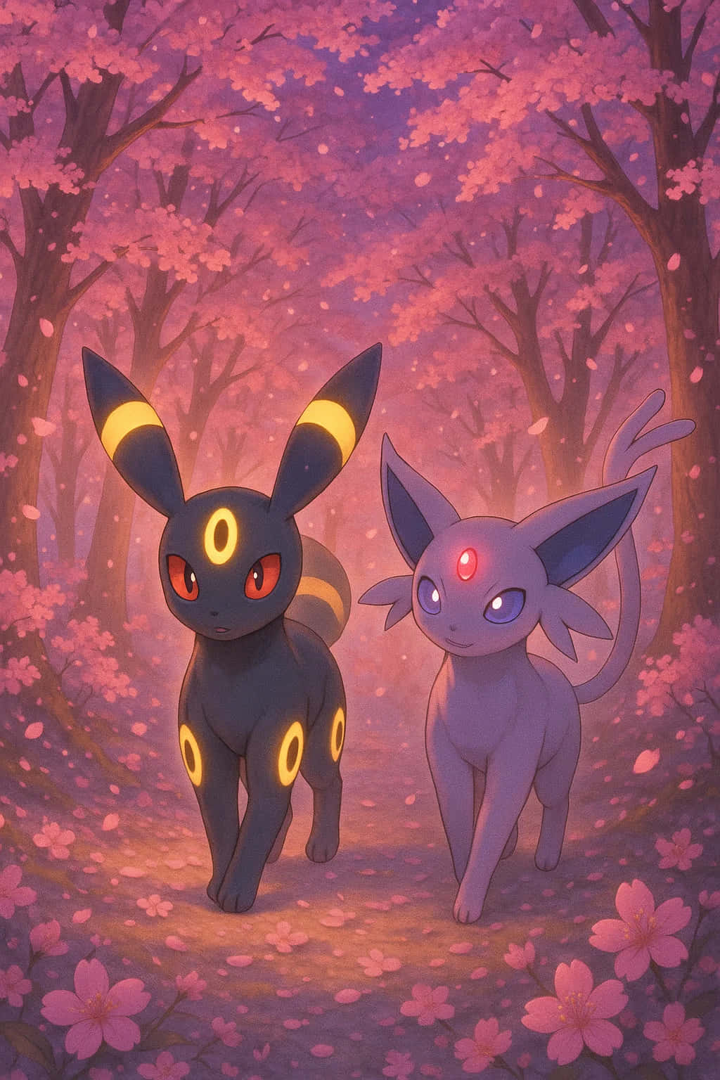 Umbreon Pokemon 4K HD Wallpaper WEBP MOBILE Backgrounds 壁紙 — 兩隻寶可夢 月亮伊布和太陽伊布 站在夢幻般的粉紅色櫻花林中，散發著柔和暮色的光芒。