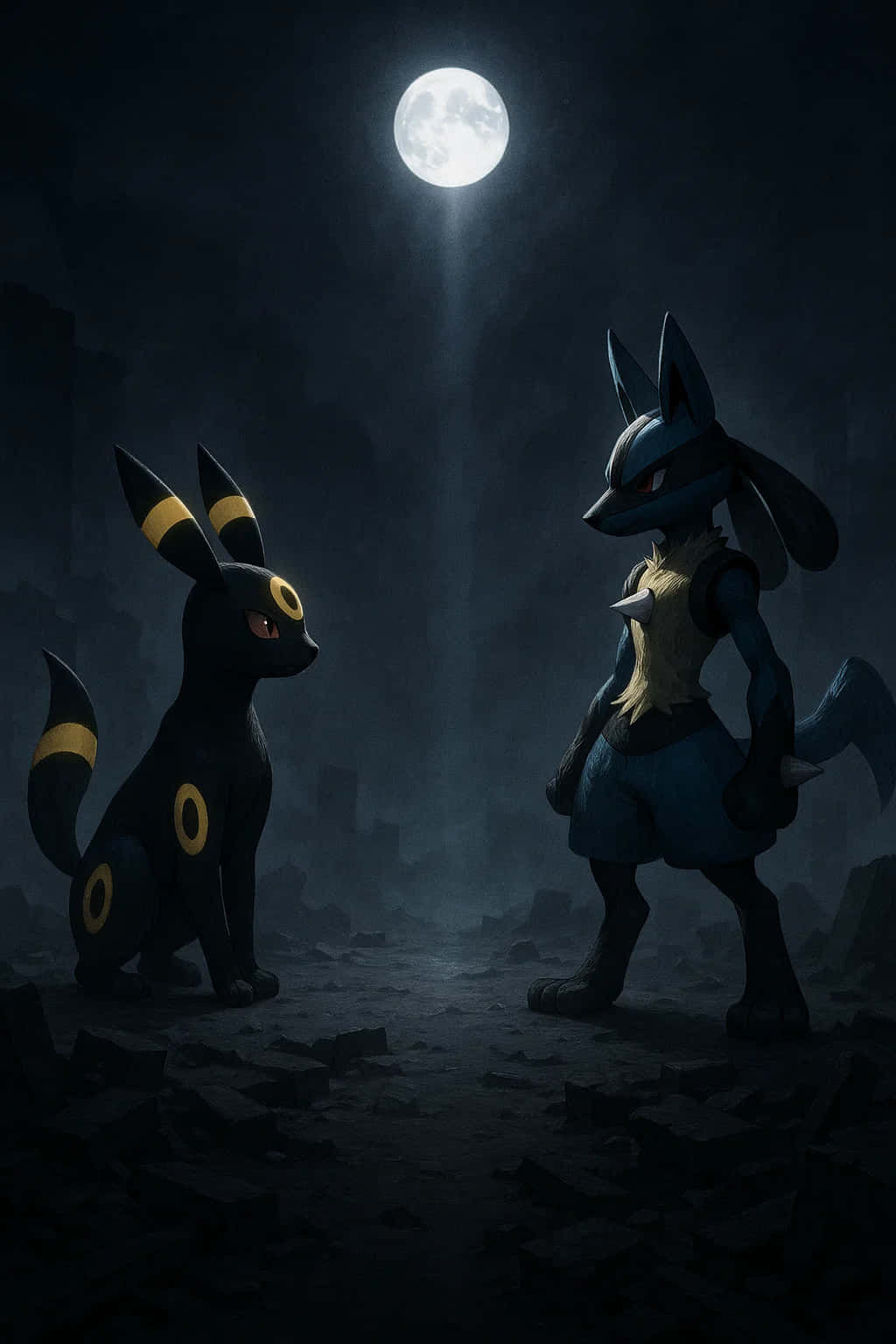 Umbreon Pokemon 4K HD Wallpaper WEBP MOBILE Backgrounds 壁紙 — 兩隻寶可夢 月伊布 和 路卡利歐 站在月光照耀的廢墟中，沐浴在滿月下詭異的藍色和黑色色調中。