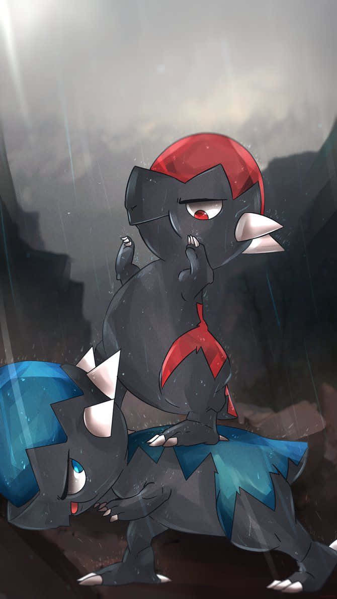 桌布 壁紙 — 兩隻寶可夢站在一個下雨、有霧的峽谷中，帶有戲劇性的燈光和陰暗的氛圍色調。
