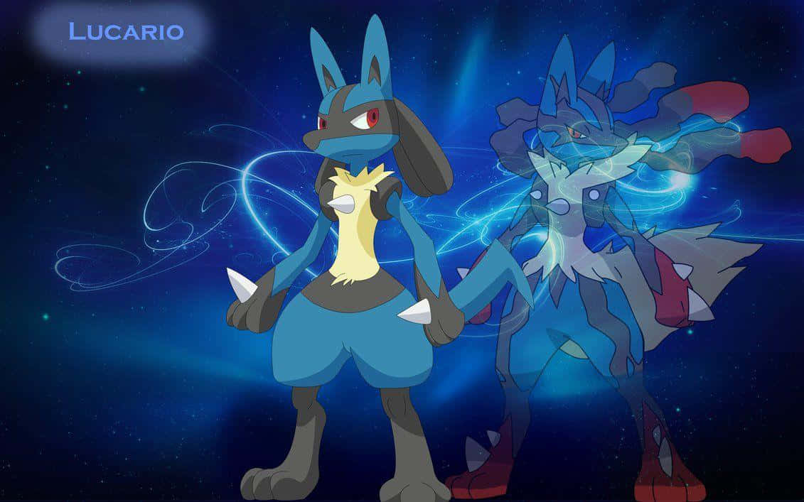 Pokemon Lucario 桌布 壁紙 — 兩隻寶可夢路卡利歐和超級路卡利歐在宇宙藍色星空背景下動態站立，帶有發光的能量軌跡。