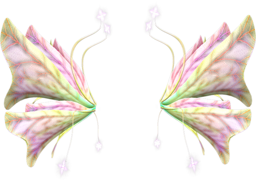 Fairy Wings 桌布 壁紙 — 兩隻對稱發光的蝴蝶翅膀，帶有粉紅色、黃色和綠色的脈絡，背景為黑色。