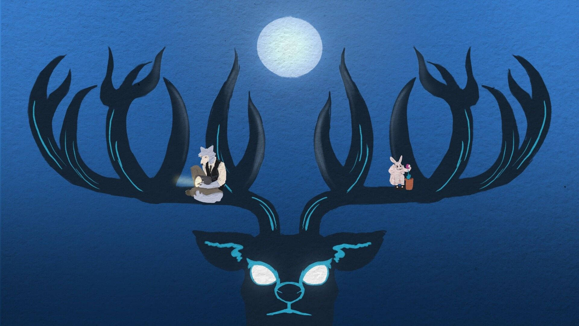 獸星 桌布 壁紙 — 兩隻小狐狸坐在一頭巨大鹿的發光鹿角上，背景是滿月和深藍色的夜空。