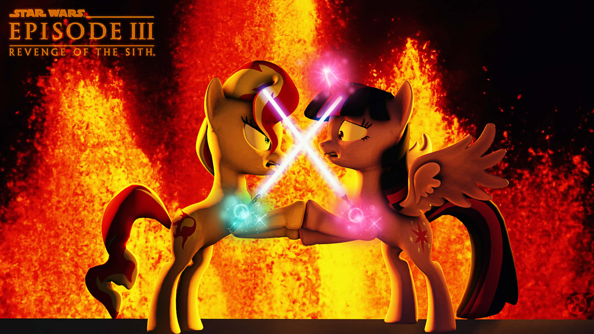 Mustafar 桌布 壁紙 — 兩隻小馬角色在熾熱的熔岩背景下，手持發光的光劍碰撞，並帶有《星際大戰第三部》文字。