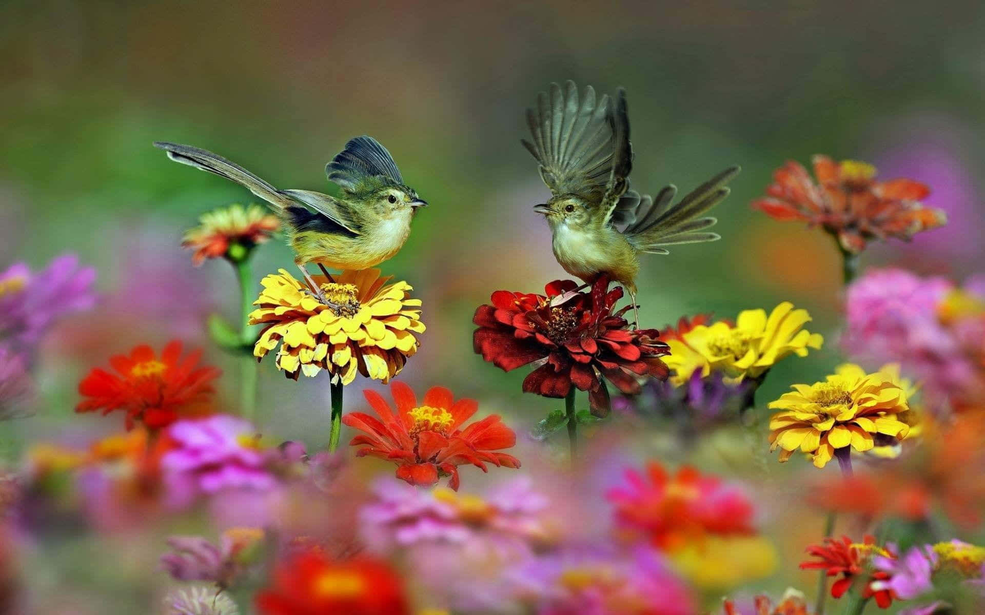 Spring Birds 桌布 壁紙 — 兩隻小鳥展開翅膀，棲息在色彩繽紛的花田中鮮豔的百日菊上。