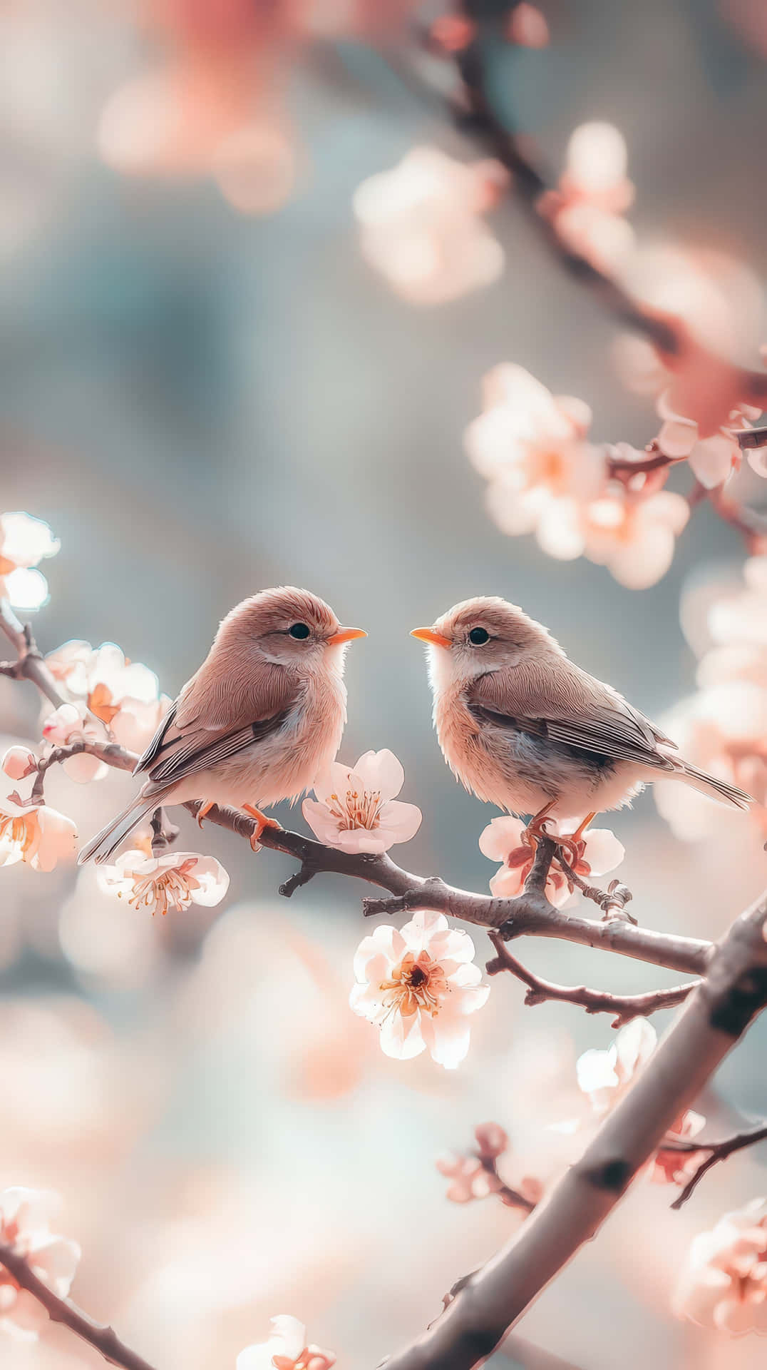 Two small birds perched on a cherry blossom tree branch, surrounded by delicate pink flowers 壁紙 — 兩隻小鳥棲息在盛開的櫻花枝上，周圍環繞著柔和的粉紅色花朵和模糊的背景。