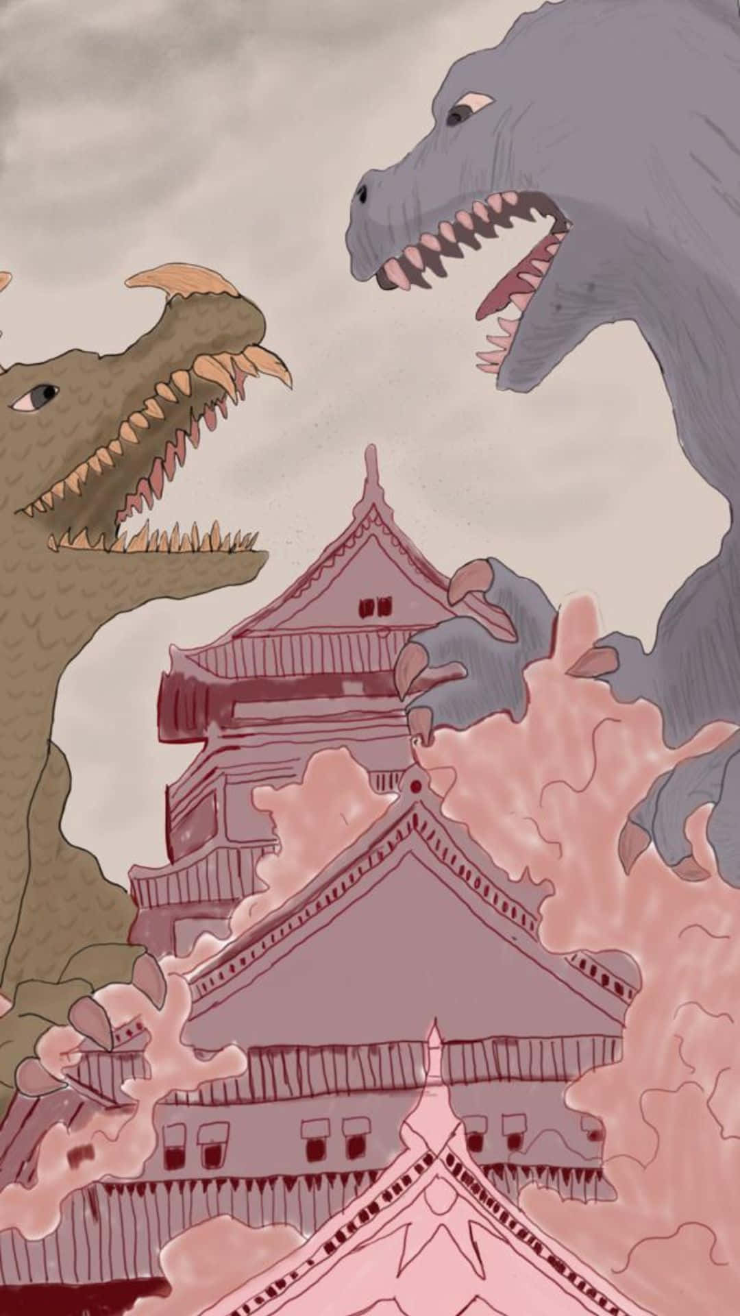 Godzilla Vs Anguirus 桌布 壁紙 — 兩隻巨型怪物在傳統日本城堡上空於旋轉的粉紅色煙霧中碰撞。