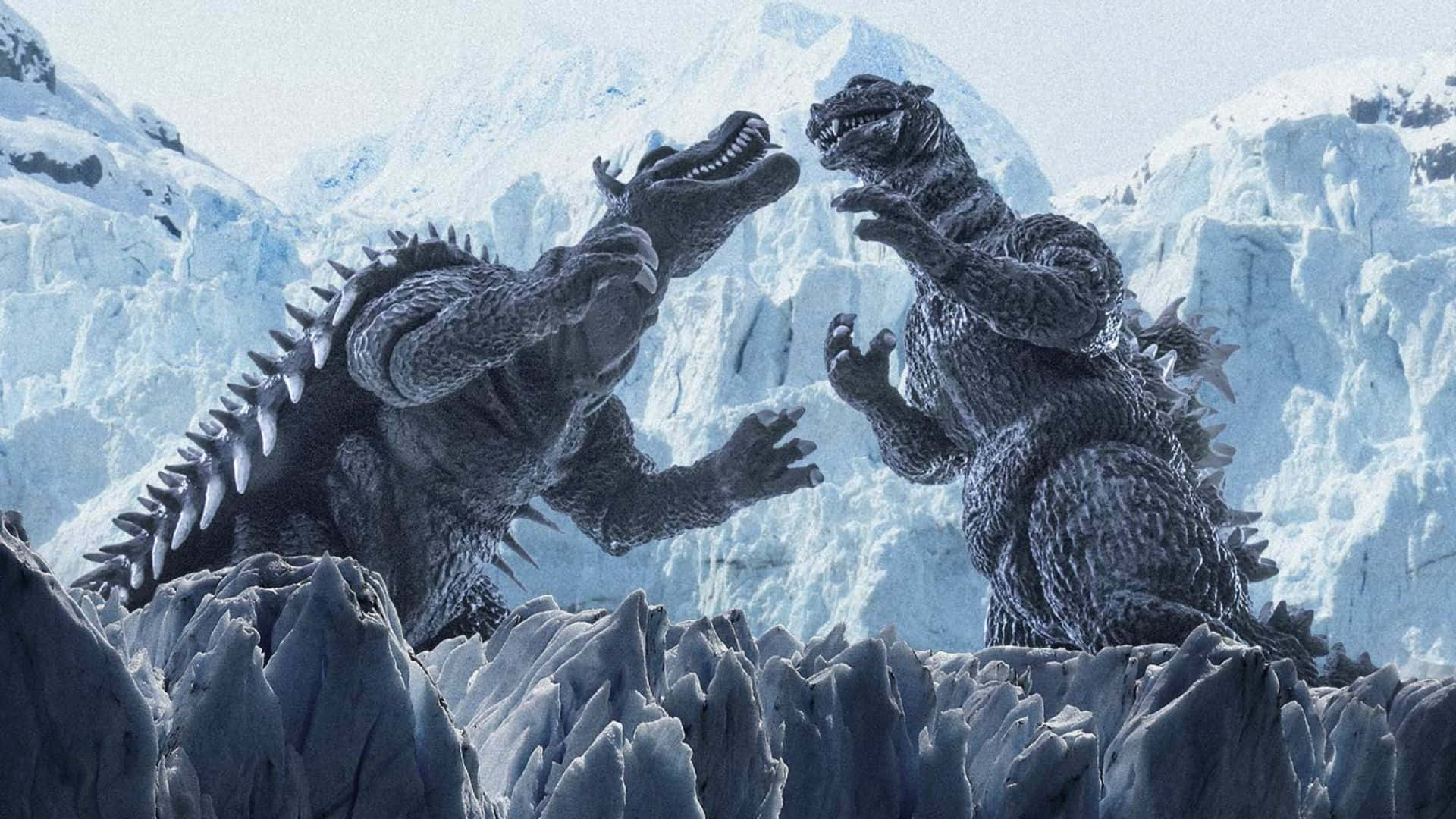 Godzilla Vs Anguirus 桌布 壁紙 — 兩隻巨型怪物在蒼白天空下，於參差不齊的冰山和冰川之間互相咆哮。