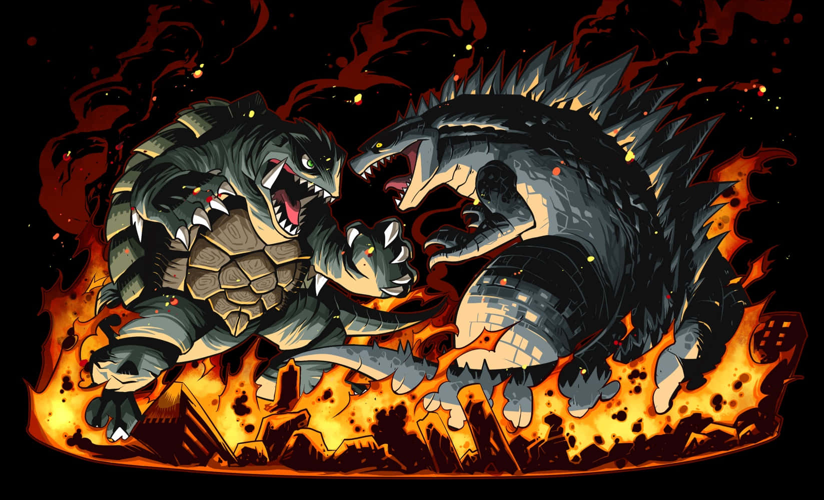 Godzilla Vs Gamera 桌布 壁紙 — 兩隻巨型怪物在黑暗天空下，於崩塌的城市廢墟中進行激烈戰鬥。