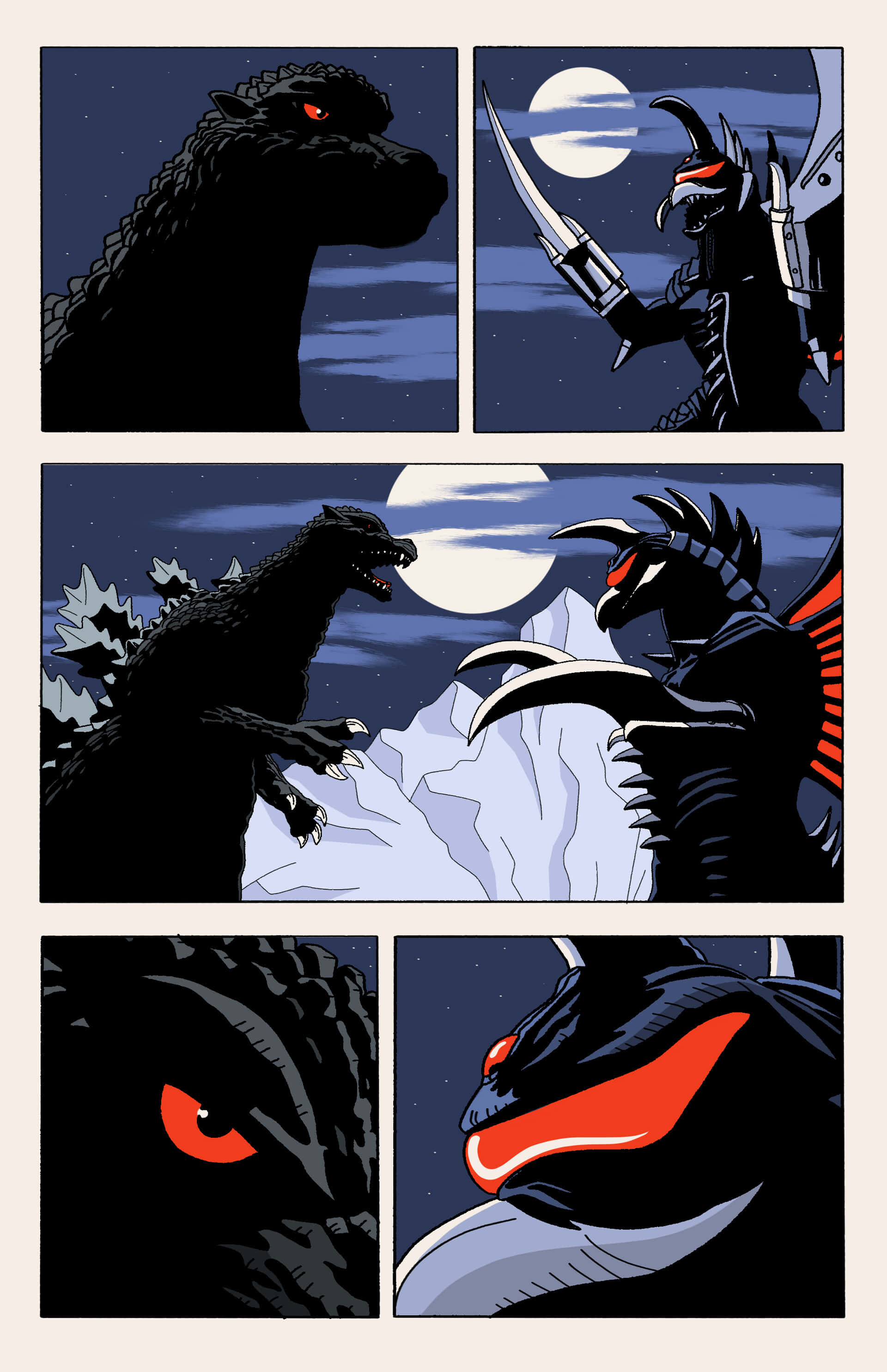 Godzilla Vs Gigan 桌布 壁紙 — 兩隻巨型怪獸，哥吉拉和王者基多拉，在滿月下對峙的戲劇性漫畫格。