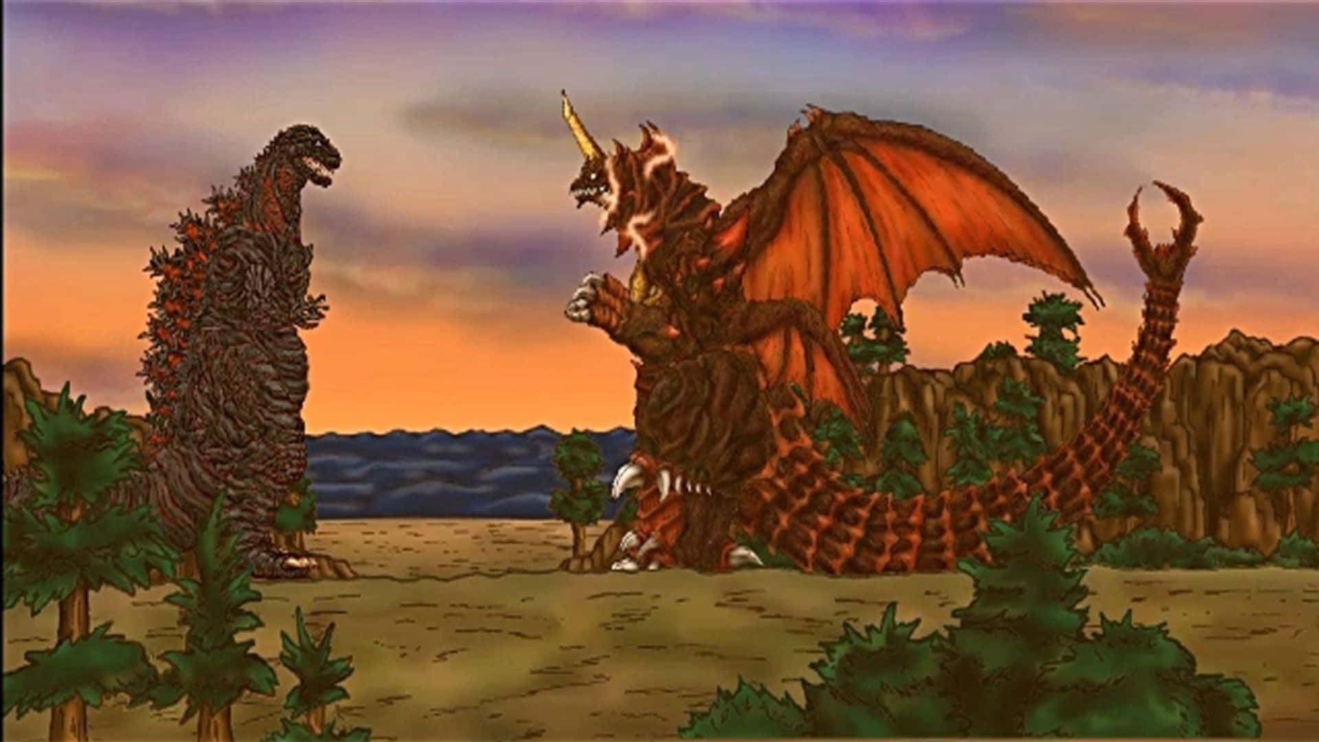 Godzilla Vs Destoroyah 桌布 壁紙 — 兩隻巨型怪獸哥吉拉和王者基多拉在荒蕪稀疏樹木的地景上，於熾熱的日落中對峙。