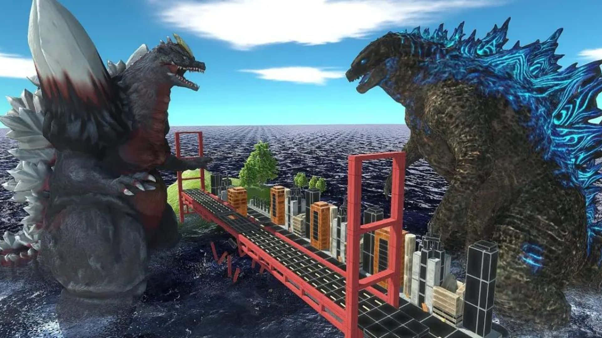 Godzilla Vs Spacegodzilla 桌布 壁紙 — 兩隻巨型怪獸哥吉拉和王者基多拉在海洋上方的紅色橋樑上對峙，中間有城市建築。