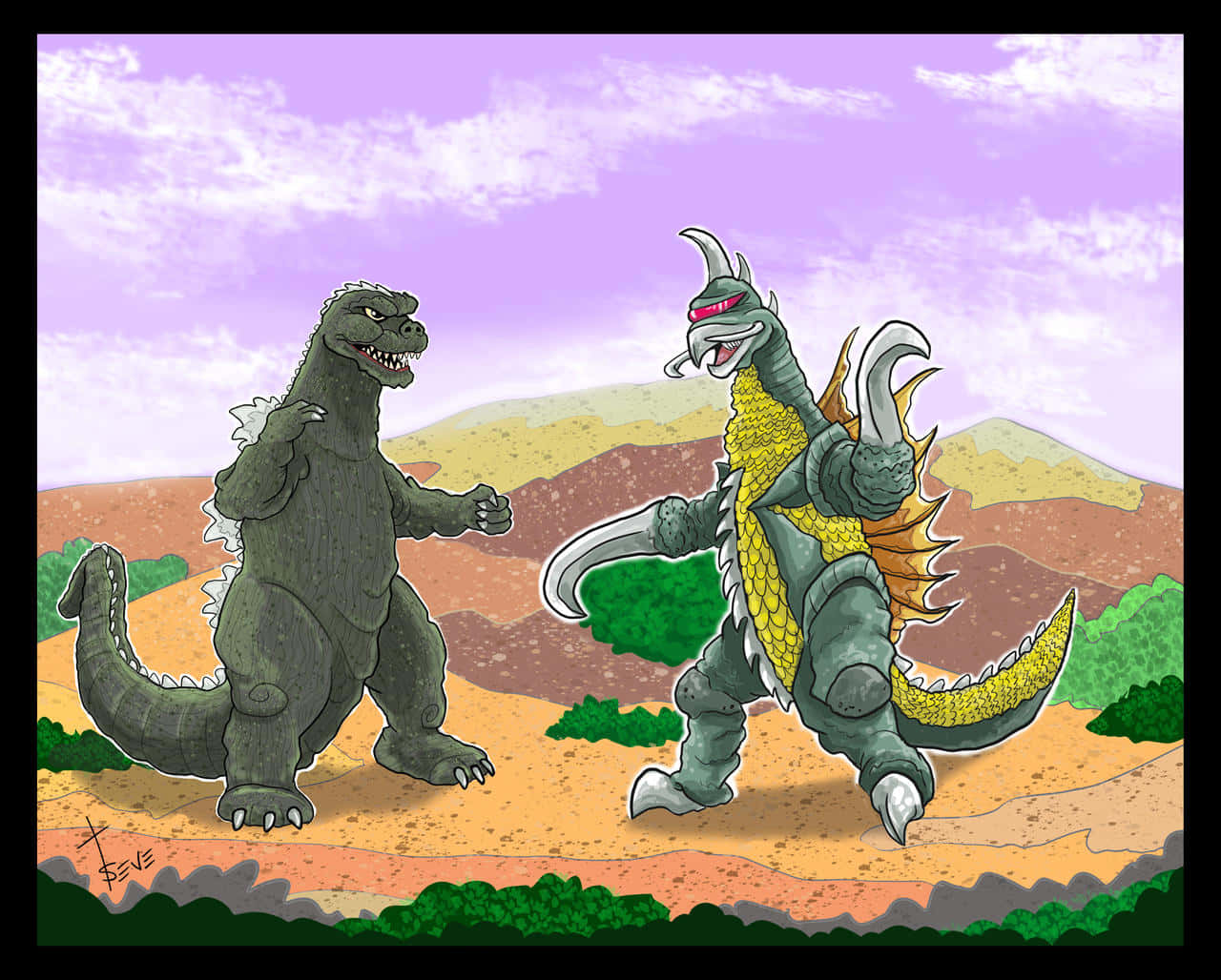 Godzilla Vs Gigan 桌布 壁紙 — 兩隻巨型怪獸哥吉拉和王者基多拉在紫色天空下的沙漠景觀中對峙。