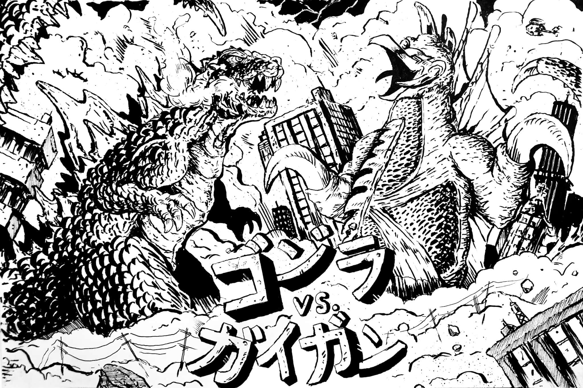 Godzilla Vs Gigan 桌布 壁紙 — 兩隻巨型怪獸在崩塌的城市建築物中激烈碰撞，呈現動態黑白漫畫風格。