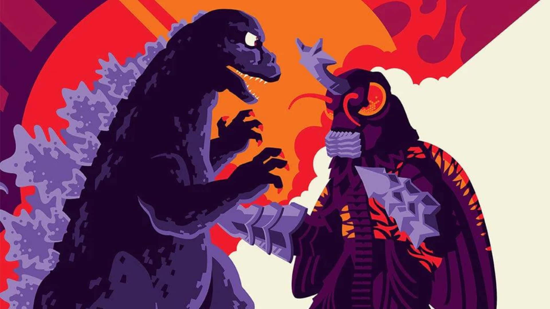 Godzilla Vs Megalon 桌布 壁紙 — 兩隻巨型怪獸在火紅橙色和紫色日落背景下進行風格化的戰鬥。