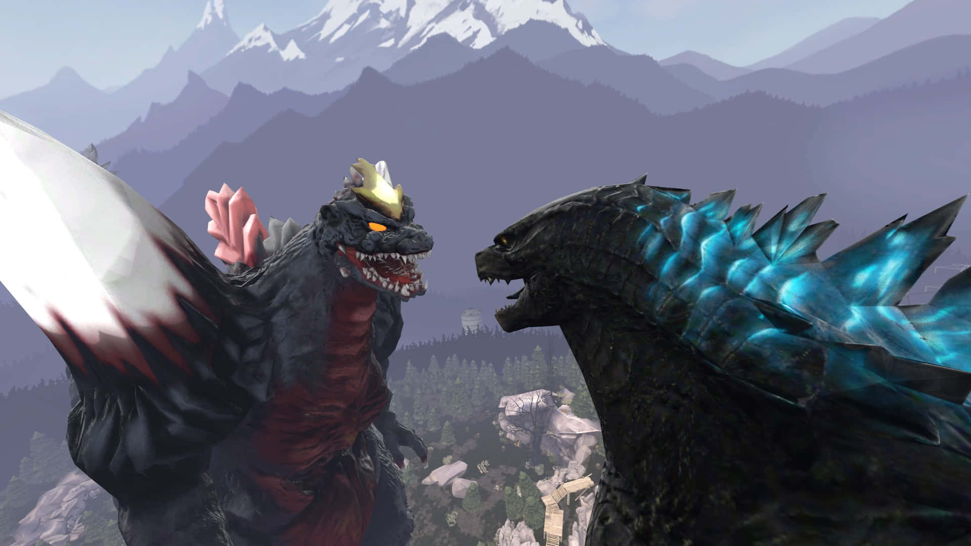 Godzilla Vs Spacegodzilla 桌布 壁紙 — 兩隻巨型怪獸在白雪覆蓋的山谷中碰撞，一隻發出藍光，另一隻揮舞著劍。