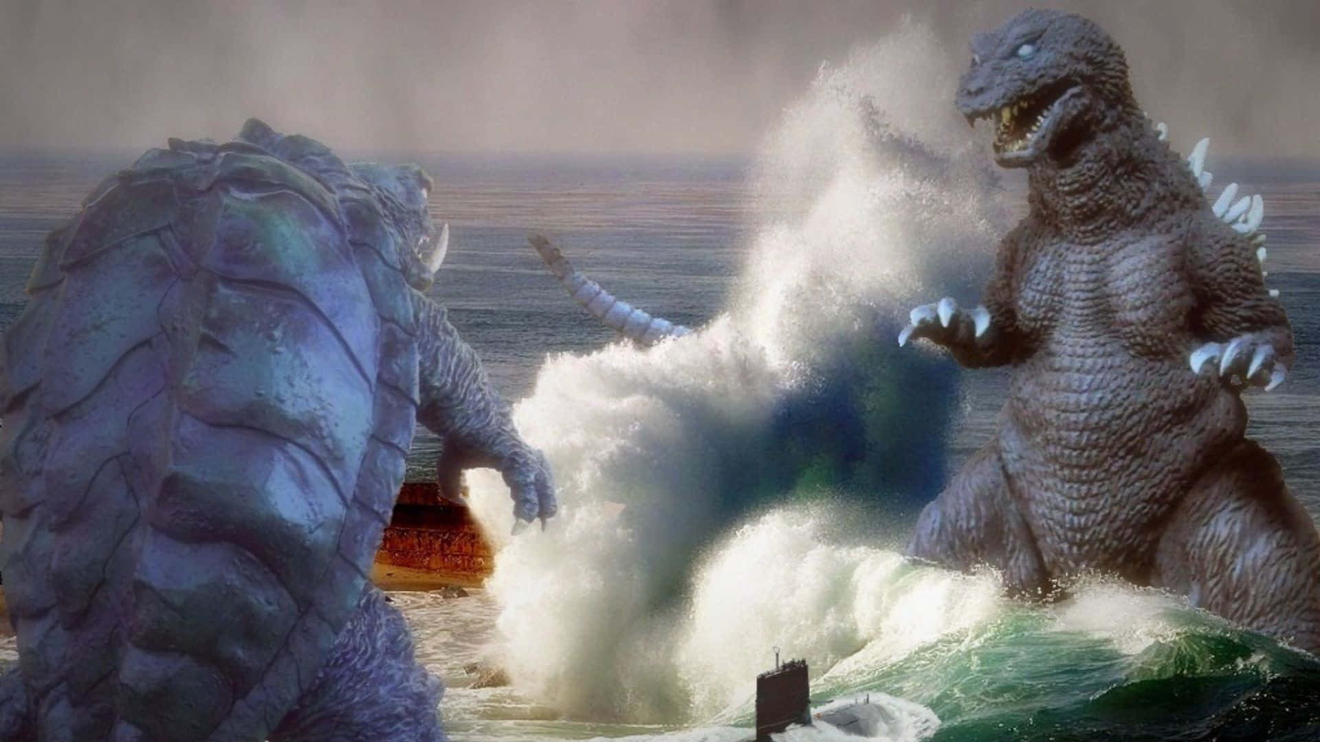 Godzilla Vs Gamera 桌布 壁紙 — 兩隻巨型怪獸在翻騰的海浪中碰撞，下方可見一艘潛艇和一艘船。