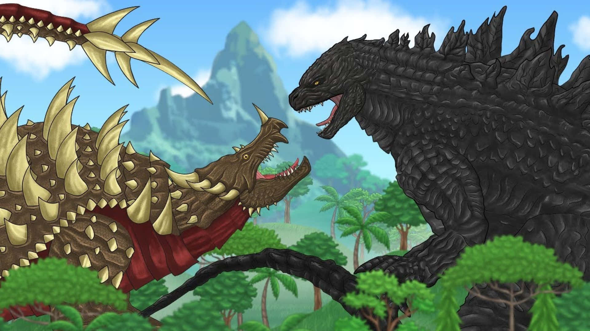 Godzilla Vs Anguirus 桌布 壁紙 — 兩隻巨型怪獸在茂密的叢林中碰撞，背景是鋸齒狀的山脈，天空湛藍明亮。